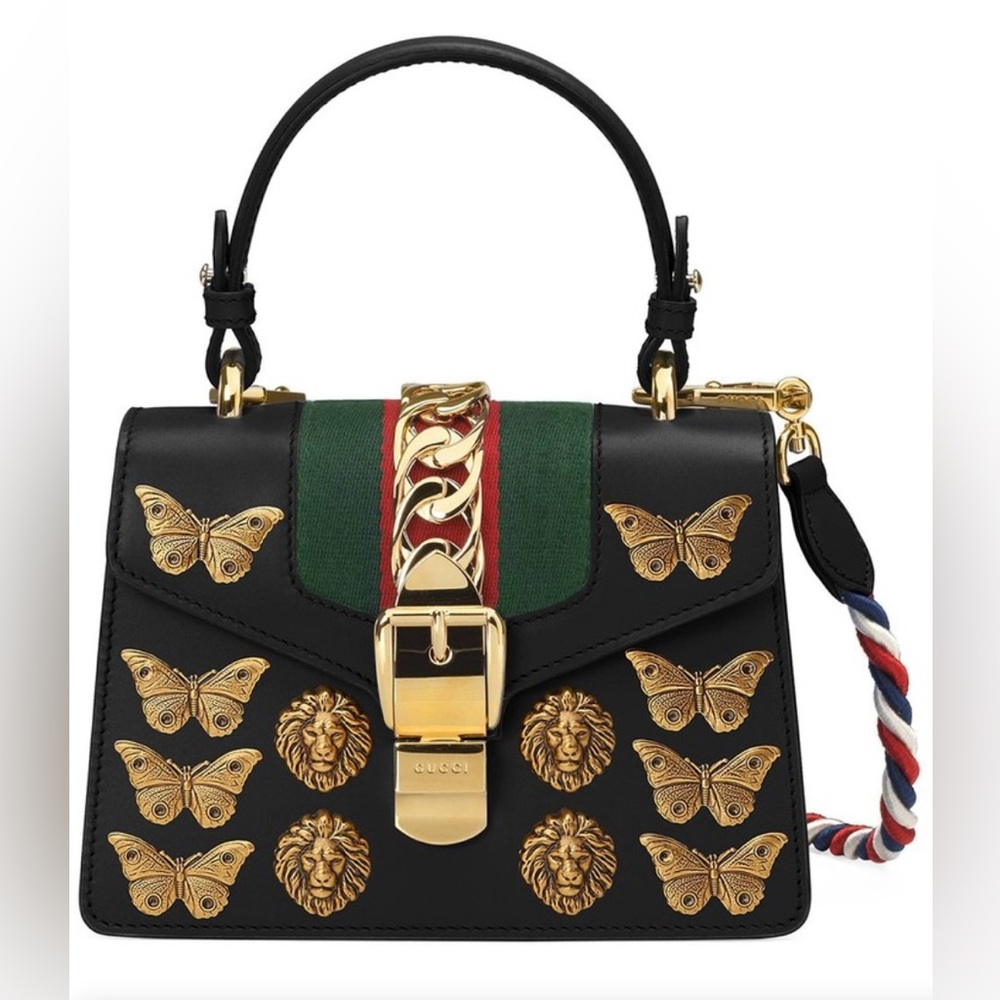 GUCCI Sylvie Embellished Top Handle Handbag Small Black RARE